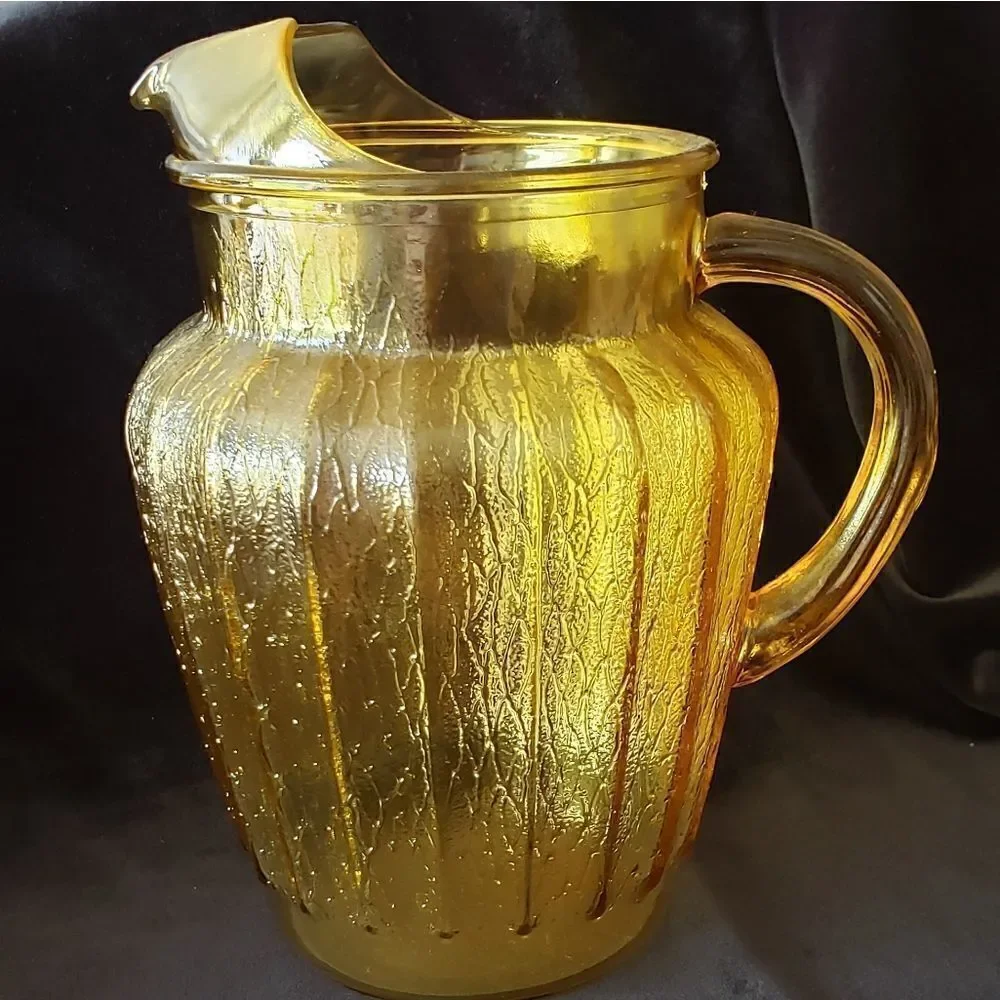 Pretty Vintage Textured Gold Pitcher and 6 Glasses